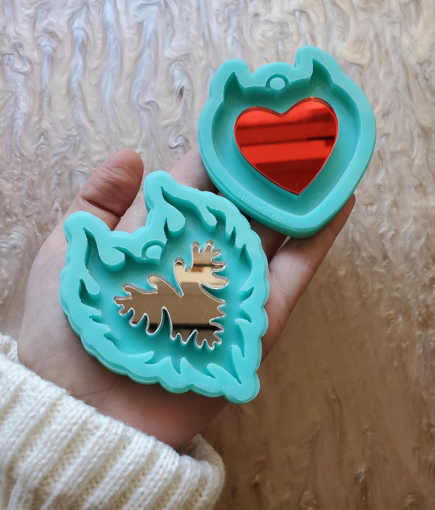 Flaming Heart or Horn Mirror Keychain/ 4 colors of mirror to choose from/ 2 Mold style to choose from -Made to order