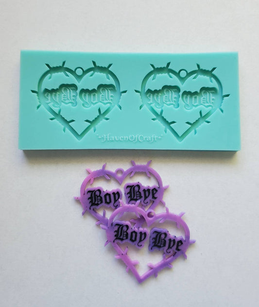 Made to Order - Boy Bye Barbed Wire Heart Earring Mold - shiny silicone mold