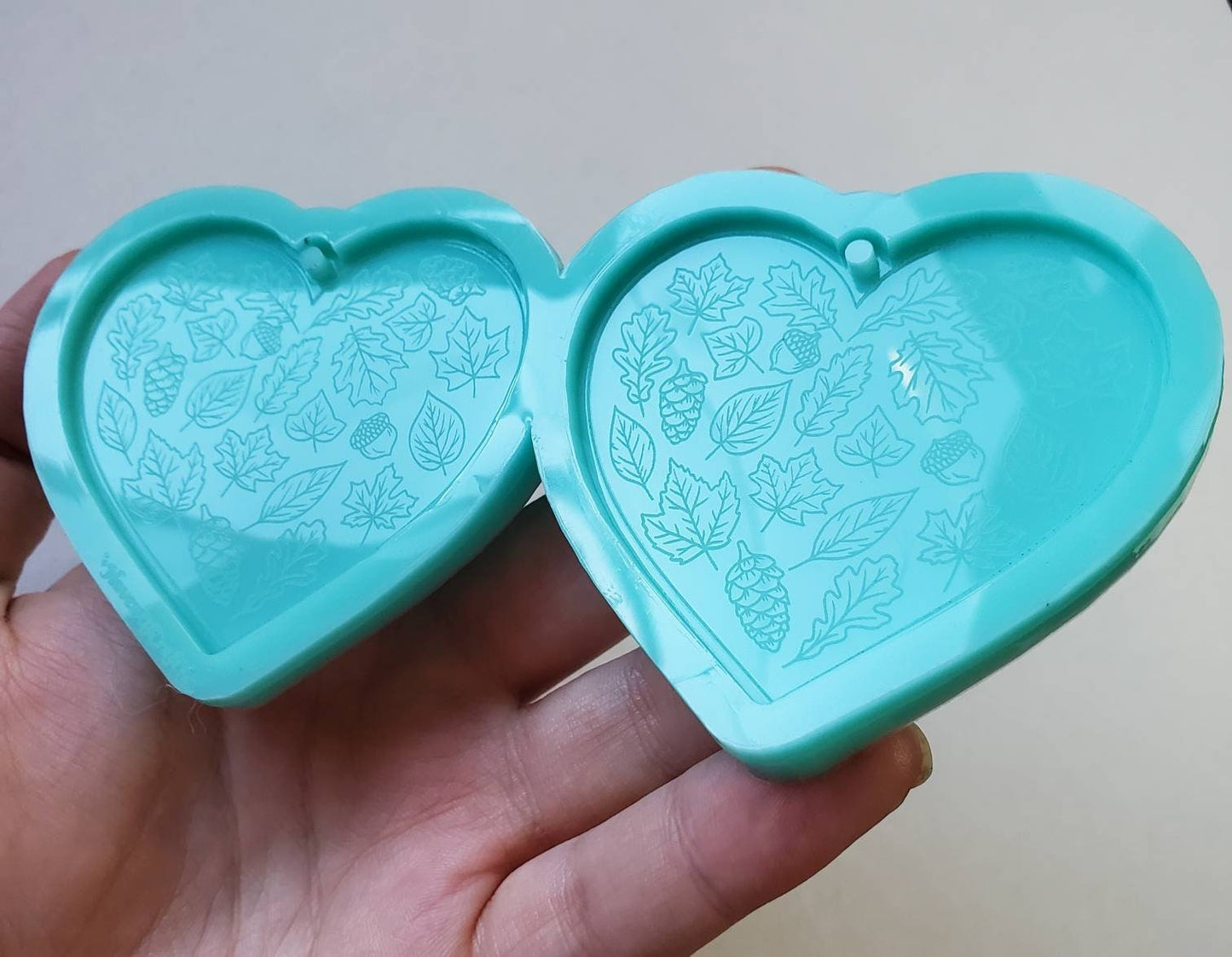 Made to order - engraved leaf, pine cones and acorn heart shiny earring silicone mold - made with acrylic blank